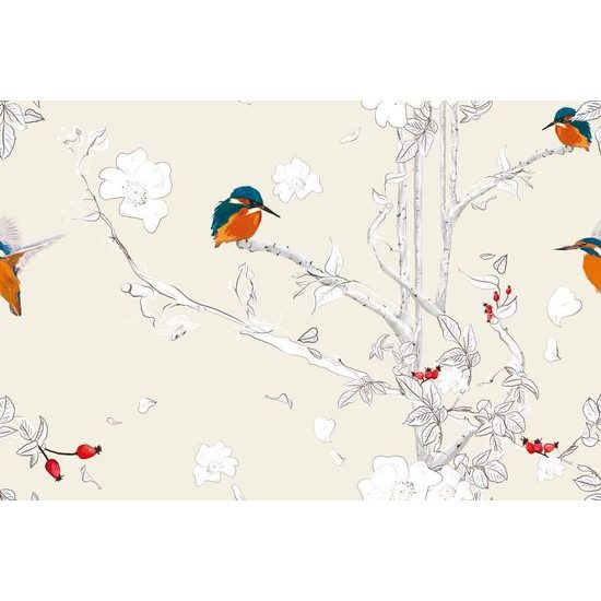 Samolepící tapeta ptáčci v šípkových keřích na béžovém pozadí
