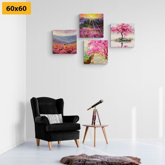 Set obrazů imitace maleb v odstínech růžové
