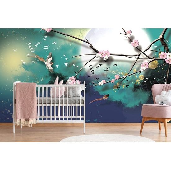 Samolepící tapeta kresba větve s květinami při úplňku měsíce