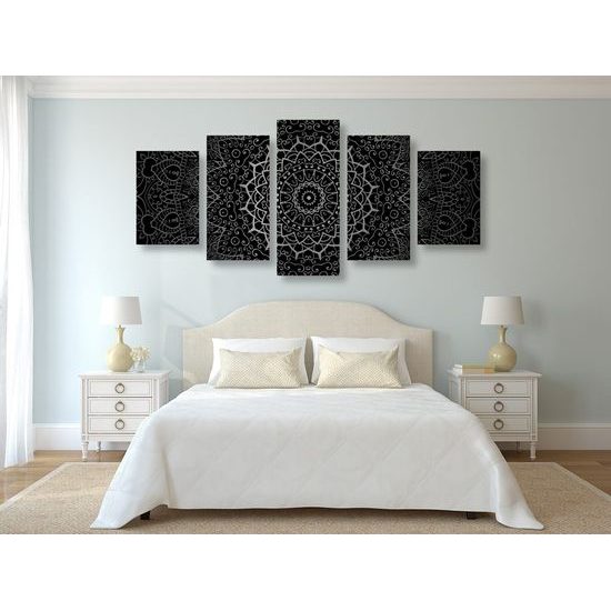 5-dílný obraz elegantní Mandala v černobílém provedení