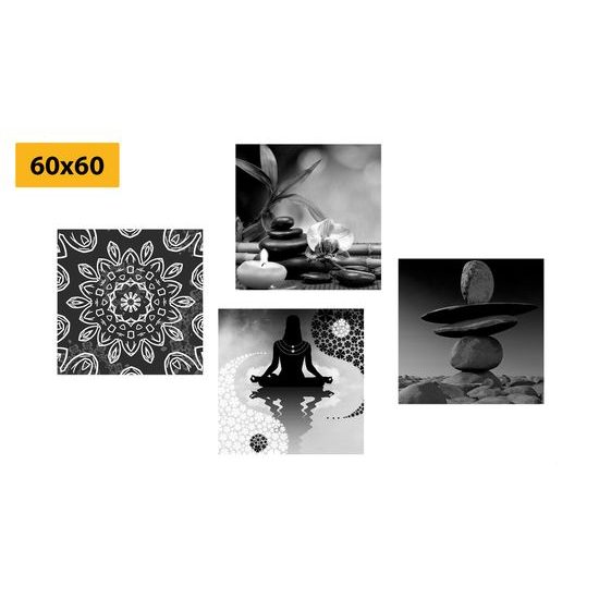Set obrazů symboly Feng Shui v černobílém provedení