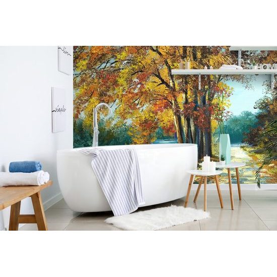 Tapeta malba podzimních stromů u řeky