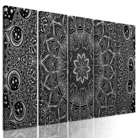 5-dílný obraz starodávná Mandala v černobílém provedení