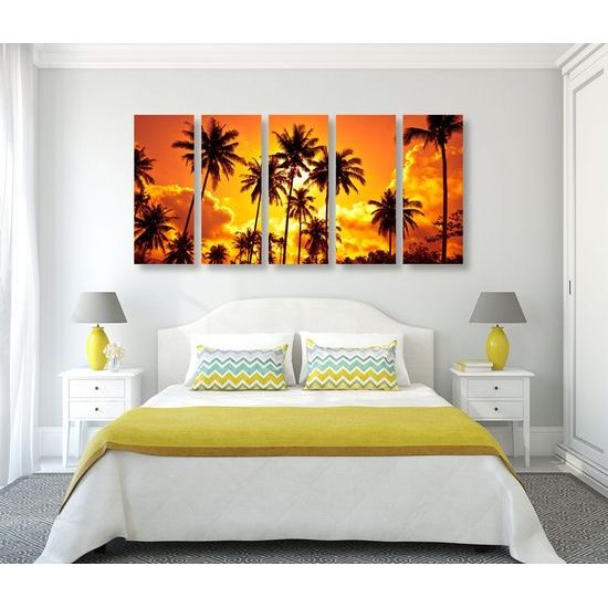 5-dílný obraz kokosové palmy v záři slunce