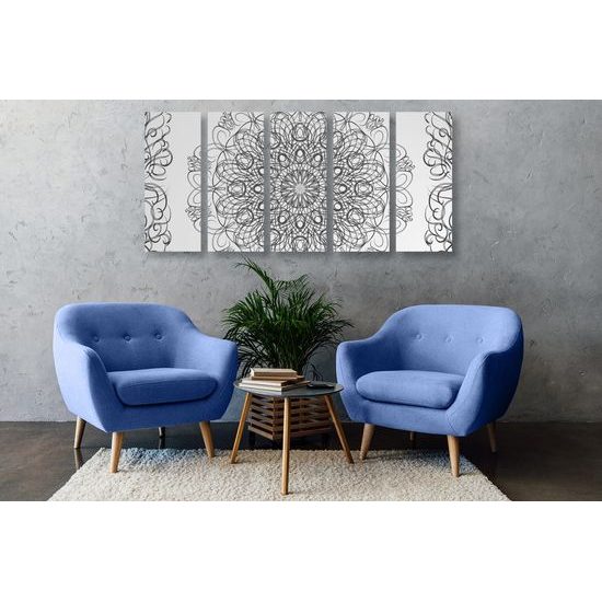 5-dílný obraz jemná květinová Mandala v černobílém provedení
