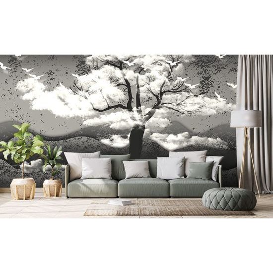 Samolepící tapeta černobílý strom v oblacích