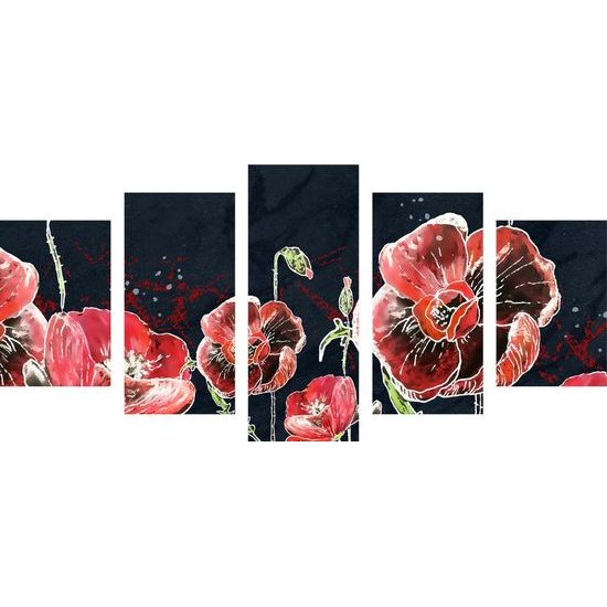 5-dílný obraz malované vlčí máky na tmavém pozadí