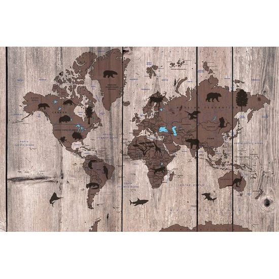 Samolepící tapeta mapa světa se symbolickými zvířaty na dřevěném podkladu