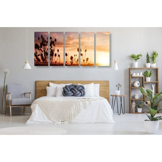 5-dílný obraz nádherný západ slunce za stéblami trávy