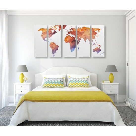 5dílný obraz oranžová mapa světa tvořená polygony