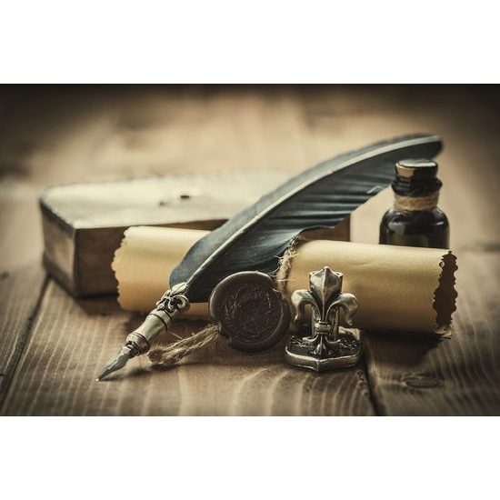 Fototapeta zátiší se starodávným perem a pergamenem