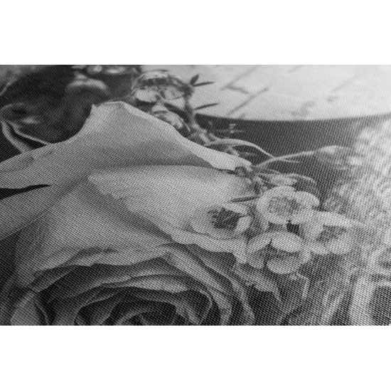 Obraz zátiší s růží a srdíčkem v černobílém provedení