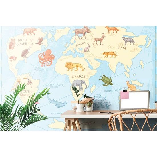 Samolepící tapeta kreslená mapa světa se zvířaty