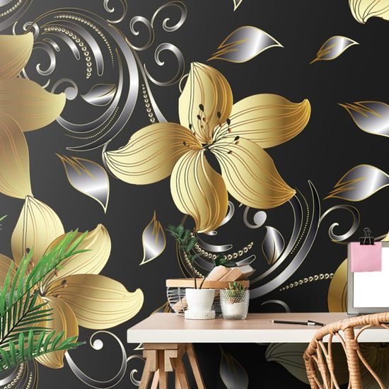 Samolepící tapeta zlatá lilie na černém pozadí