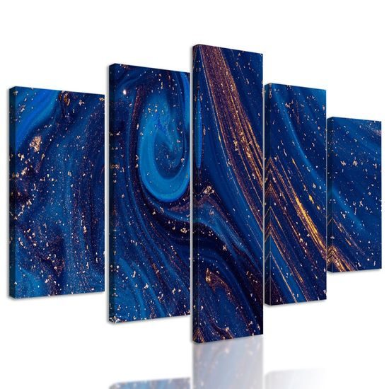 5-dílný obraz abstrakce v modře zlatých barvách