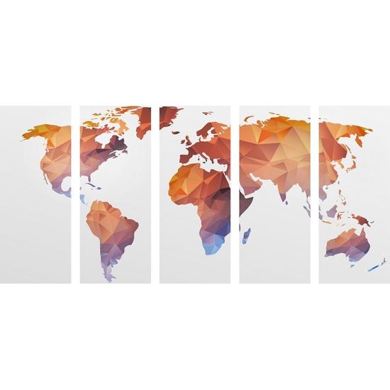 5dílný obraz oranžová mapa světa tvořená polygony