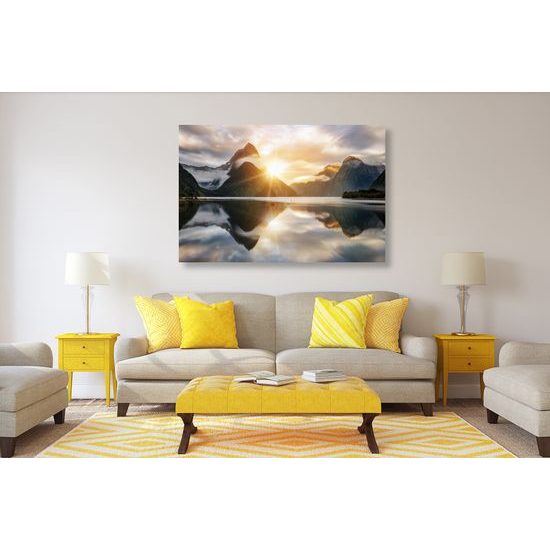 Obraz východ slunce nad jezerem na Novém Zélandu