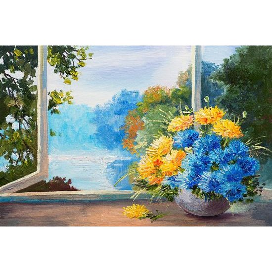 Samolepící tapeta malovaný květináč s květinami na okně