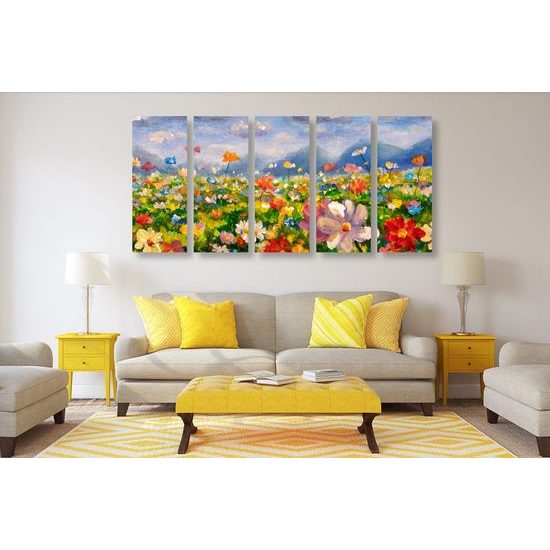 5-dílný obraz olejomalba louky plné květin