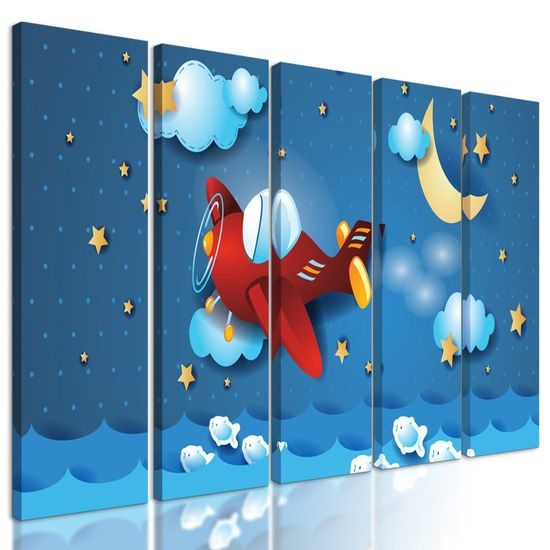 5-dílný obraz let letadélka noční oblohou