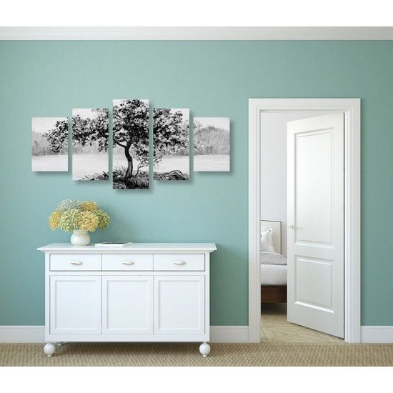 5-dílný obraz samotná třešeň v černobílém provedení