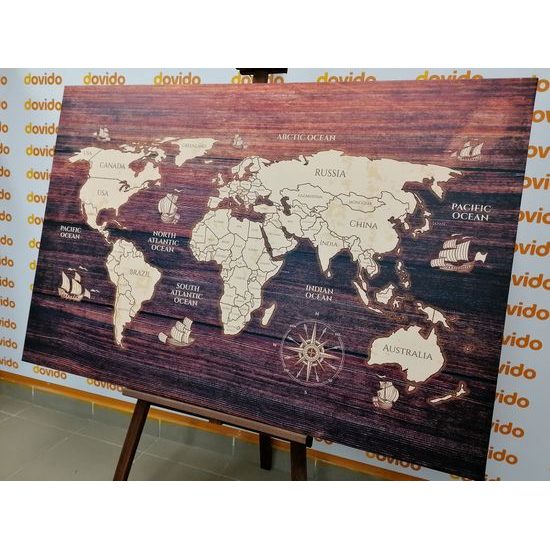 Obraz na korku mapa světa na dřevěném podkladu
