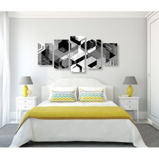 5-dílný obraz futuristická abstrakce tvarů v černobílém provedení