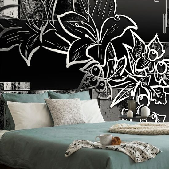 Tapeta černobílá kresba květin na abstraktním pozadí