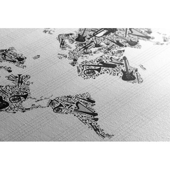 Obraz mapa světa s hudebním motivem v černobílém provedení