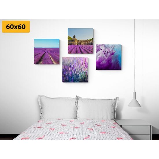 Set obrazů levandulová pole s fialovou abstrakcí
