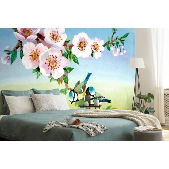 Tapeta sýkorky sedící na větvičku s květinami