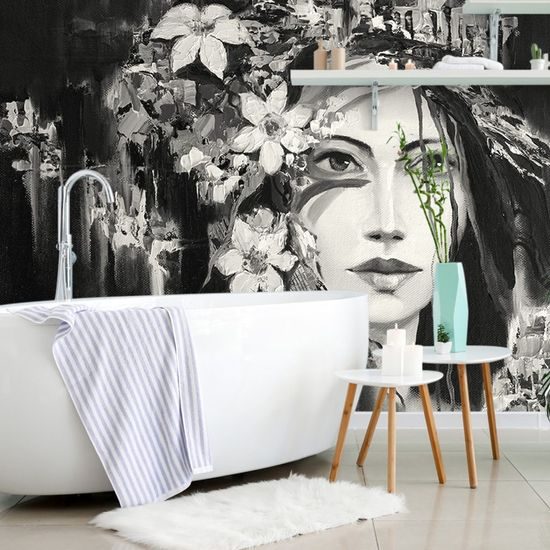 Tapeta černobílá malba dívky s květinami