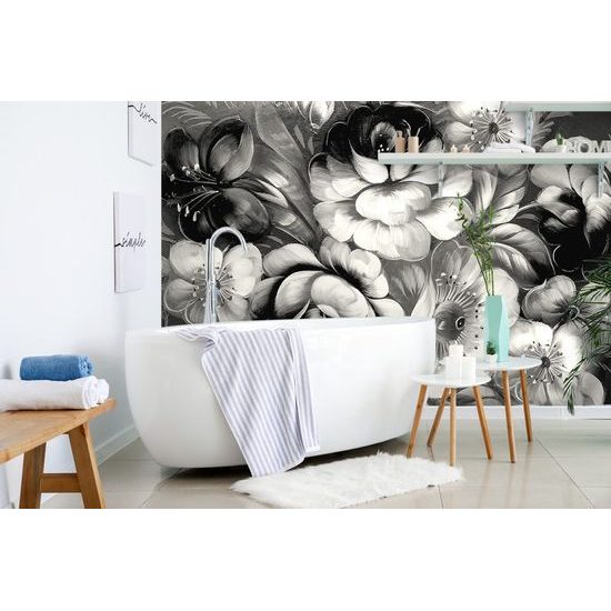 Samolepící tapeta černobílé květiny v impresionistickém stylu