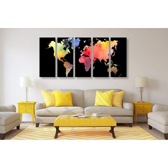 5-dílný obraz akvarelová mapa na černém pozadí