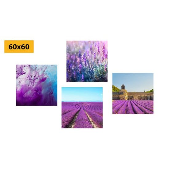 Set obrazů levandulová pole s fialovou abstrakcí