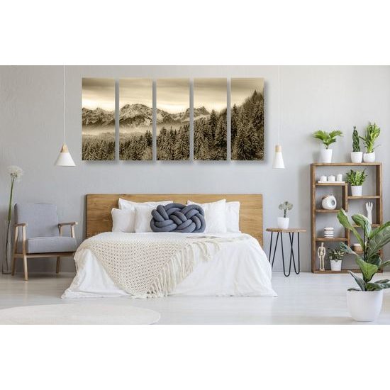 5-dílný obraz zamrzlý les v sépiovém provedení