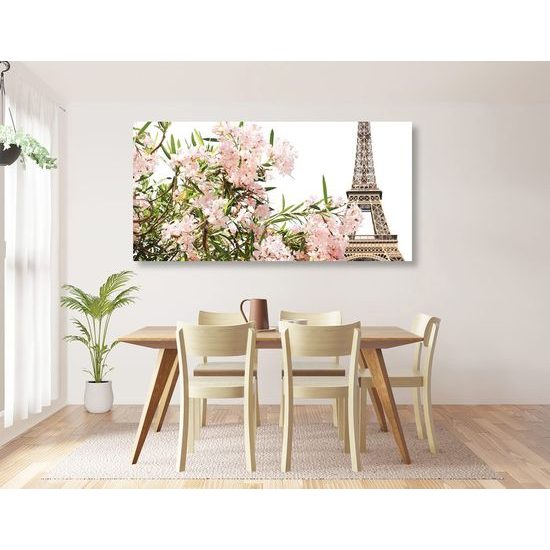 Obraz růžové květiny pod Eiffelovou věží