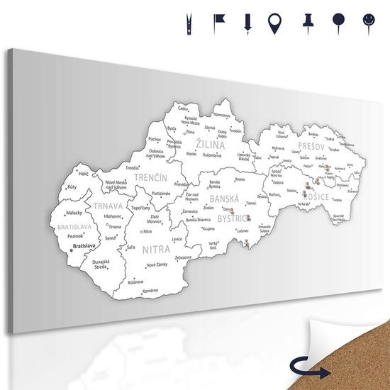Obraz na korku podrobná mapa Slovenské republiky v černobílém provedení
