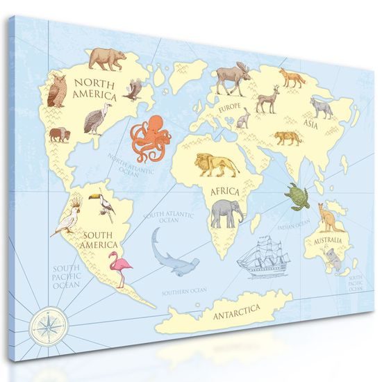 Obraz kreslená mapa světa se zvířaty