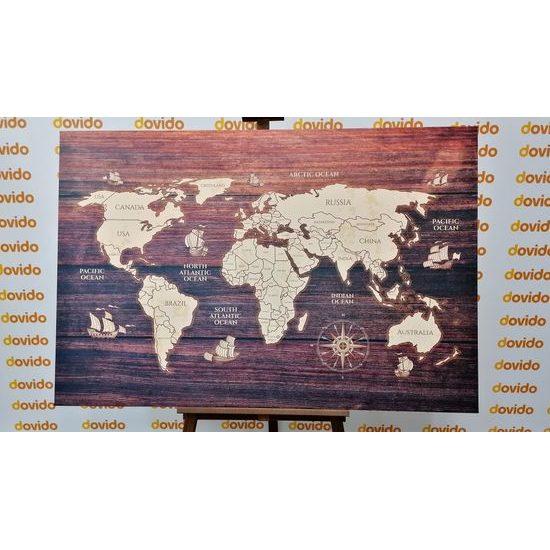 Obraz na korku mapa světa na dřevěném podkladu
