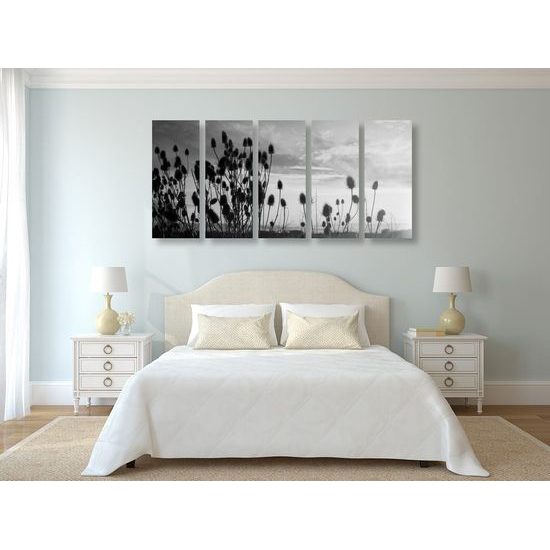 5-dílný obraz západ slunce za stéblami trávy v černobílém provedení