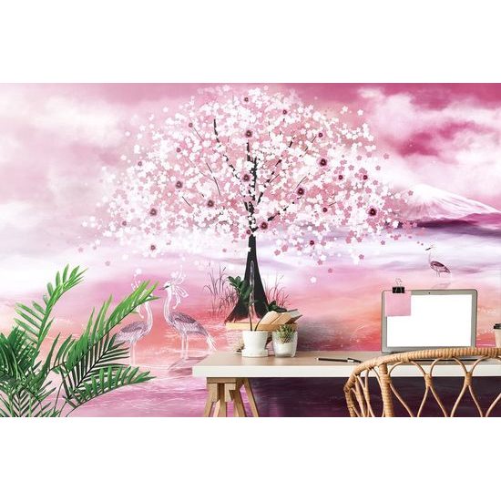 Nádherná tapeta volavky v objetí růžové