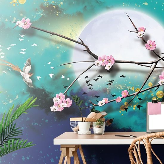 Tapeta kresba větve s květinami při úplňku měsíce