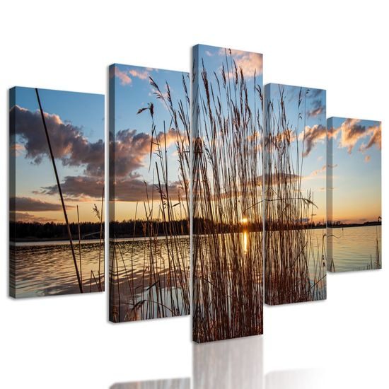 5-dílný obraz západ slunce za jezerem