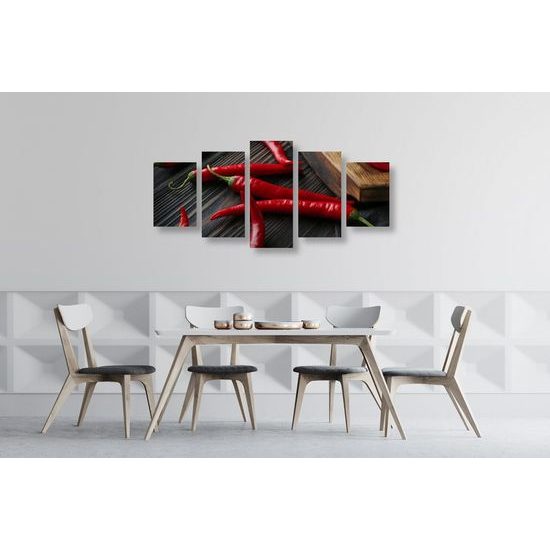 5-dílný obraz chili papričky na dřevěném podkladu