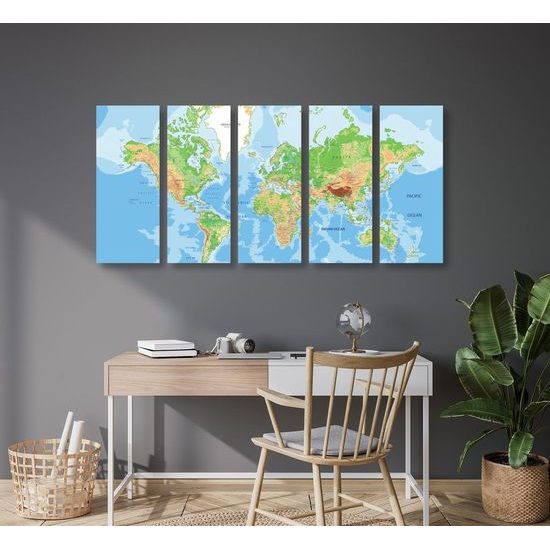 5-dílný obraz geografická mapa světa