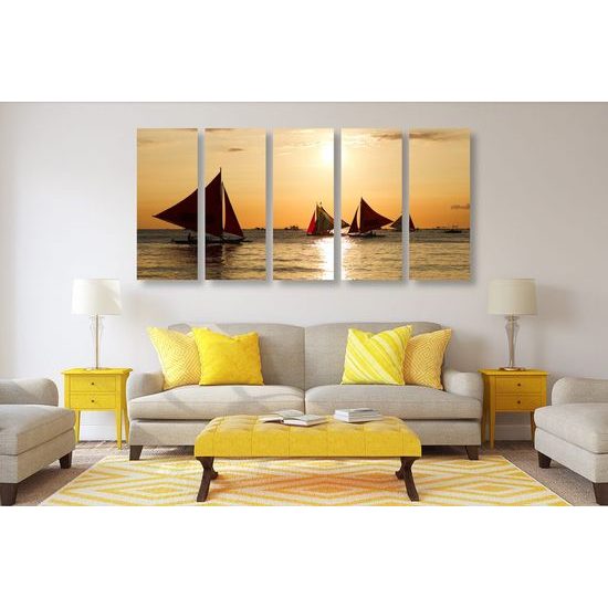 5-dílný obraz plachetnice při západu slunce