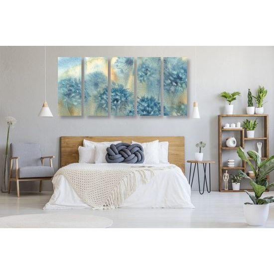 5-dílný obraz akvarelová malba pampelišky v odstínech modré