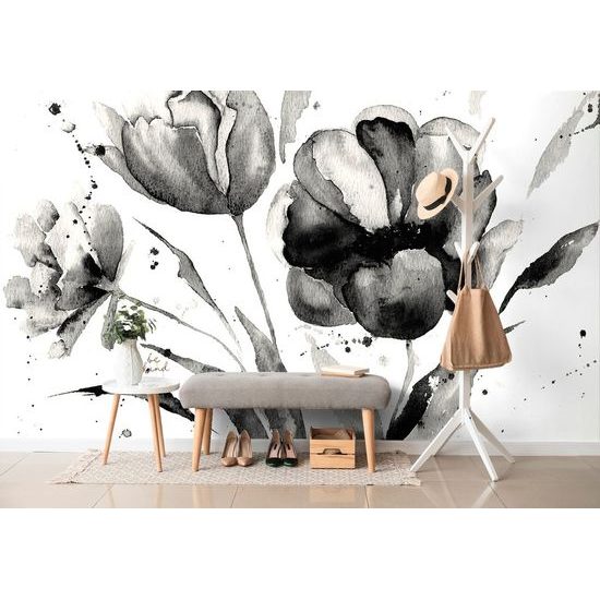 Jedinečná černobílá samolepící tapeta malované tulipány