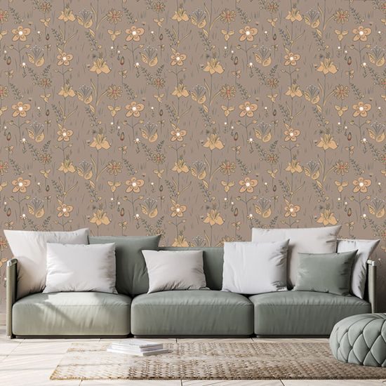 Samolepící tapeta malované květiny v hnědém provedení